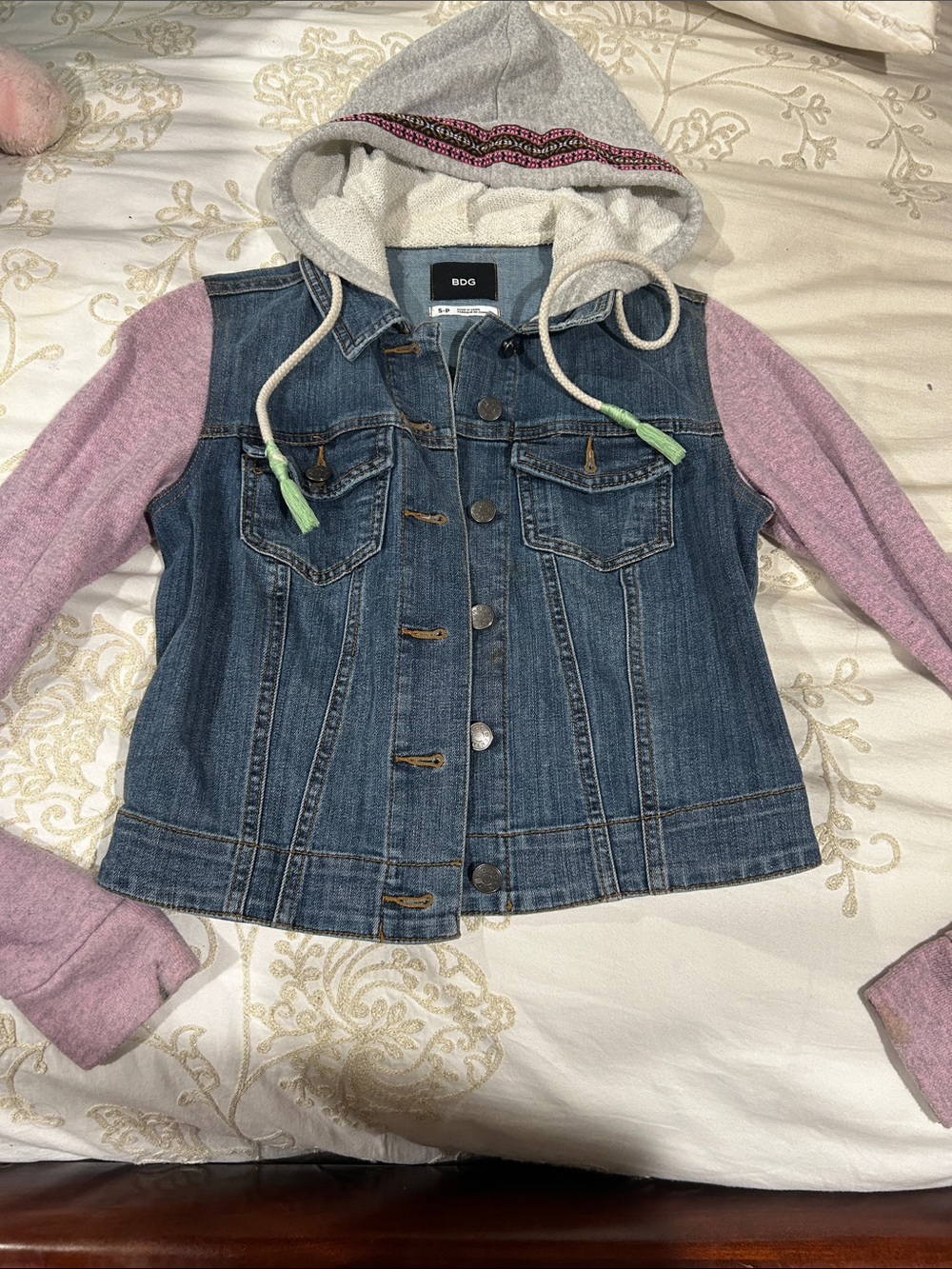 BDG Blue Denim Jacket with Pink Sleeves and Gray Hoodie